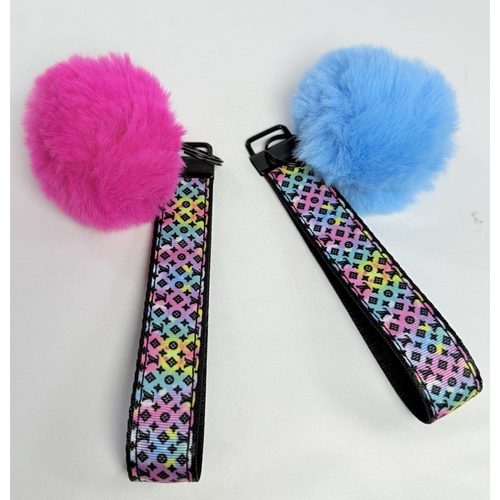 2 luxury wrist keychains With Pompom Charms, 1" Wide 12" All Around, Great Qua.